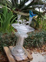 Diy Bird Bath And Feeder Vintage Glass Bluebird Crystal Birdbath Feeder Waterer Sold Recycled Garden Art Glass Bird Bath Garden Art Crafts