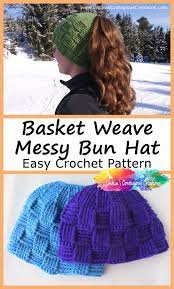 Basket Weave Ponytail Messy Bun Beanie Hat Crochet Pattern Textured Thick Quick Warm Easy Winter Cap For Women In 2020 Ponytail Hat Crochet Messy Bun Hat Crochet Ponytail Hat Pattern