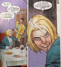 Spoiler de Allá New Venom #2 -Paul: ¿Que pasa Dylan? Estamos, eh, en medio  de algo aquí... -Dylan: Oh, no es importante. Solo me preguntaba...¿Que  3stup1do hay que ser para dejarse engañar