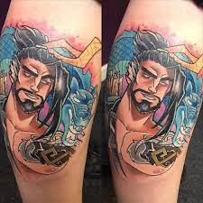 Tattoo uploaded by Ross Howerton • Bex Lowe's cartoonish depiction of the  archer, Hanzo. #BexLowe #Blizzard #Hanzo #Overwatch #Videogame • Tattoodo