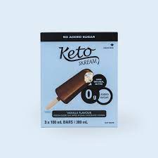 180 calories, 16 g fat (11 g saturated fat, 0 g trans fat), 35 mg sodium, 11 g carbs (2 g fiber, <1 g sugar), 2 g protein. Vanilla Ice Cream Bars Keto Skream