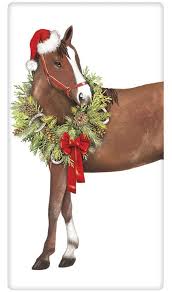 Holiday Horse With Wreath 100 Cotton Flour Sack Dish Towel Tea Towel Christmas Horses Cowboy Christmas Christmas Wreaths