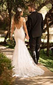 Lace Fit And Flare Wedding Gown With Open Back Essense Of Australia Wedding Dresses Bridal Gown Fitting Essense Of Australia Wedding Dresses Wedding Dresses