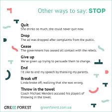 Synonyms To The Word Stop Other Ways To Say Stop Sinonimy K Anglijskomu Slovu Stop English Words English Writing English Grammar