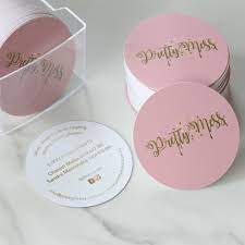 Finalize the order and wait for your printed copies to arrive. Round Business Cards For Desert And Event Buisness Round Business Cards Pink Gold Cakes Cake Business Cards Business Cards Creative Salon Business Cards