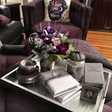 Ottoman Or Coffee Table Tray Styling Decor Purple Homedecor Ottoman Coffeetable Tablescapes Silv Ottoman Decor Coffee Table Centerpieces Tray Table Decor