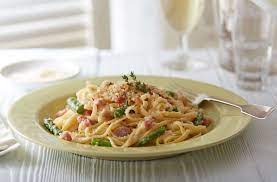 Pancetta And Asparagus Carbonara With Thyme Breadcrumbs Tesco Real Food Recipe Tesco Real Food Salmon Pasta Recipes Recipes