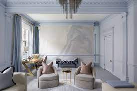 Amelia Carter Interiors Pale Blue Living Room With The Brass Desk In The Luxury Apartment London Dining Room Blue Black Dining Room Blue Dining Room Decor