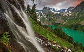 Download Wallpapers Mountain Waterfall Glacial Lake Mountain Landscape Spring Rocks Forest Alps Besthqwallpapers Com Mountain Waterfall Waterfall Landscape Wallpaper