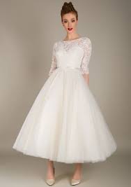 Louliu Bridal Lexie Stunning Lace High Neck 3 4 Length Sleeve Organza Tea Length Wedding Dress Ankle Length Wedding Dress Wedding Dresses Wedding Dresses 50s