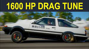 I haven't tried to tune drag car, i just use djs tune on shelby monaco kc and it can easily clock 350 kph on festival drag strip, starting from the lights (agera needed a bit of run up, to pass seasonal challenge). Forza Horizon 4 1600 Horsepower Toyota Trueno Sprinter Ae86 Drag Tune L 6 907s Quarter Mile Youtube