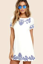 Tale To Tell Blue And Ivory Embroidered Shift Dress Embroidered Shift Dress Fashion Graduation Dress Designs