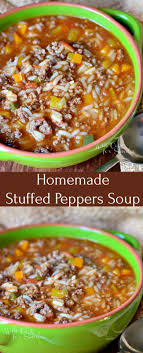 Comforting Homemade Stuffed Peppers Soup Recipe Made With Ground Beef Fresh Vegetables And Rice Th Beef Soup Recipes Homemade Stuffed Peppers Stuffed Peppers
