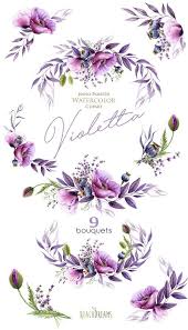 Watercolor Violet Poppy Lavender Purple Flowers Handpainted Bouquets Wedding Invitations Boho Floral Frame Clipart Greeting Card Violet Flower Purple Flowers Watercolor Flowers