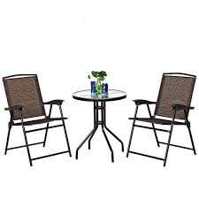 Goplus 3 Piece Set Outdoor Garden Round Table And Folding Chairs Garden Furniture Sets Patio Furniture Sets Garden Patio Furniture