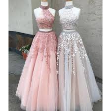 Lm0236 Two Pieces Prom Dresses Halter Formal Wear 2020 Long Party Gown Crop Top Vestido De Festa Lace Evening Dresses Prom Dresses Two Piece Piece Prom Dress
