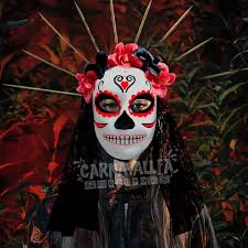 Mascara Catrina Flores Rojas Disfraz Mujer Día De Muertos