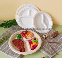 Disposable Biodegradable Sugarcane Pulp 12 Inch 3 Compartments Round Cake  Plate Picnic Plate BBQ Tray