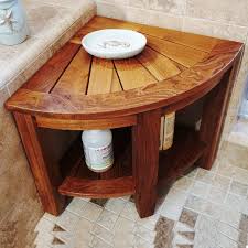2 Tier Teak Corner Shower Bench With Storage Shelf Our Teak Shower Bench Is Made From 100 Tropical Teak Wood I Teak Shower Seat Teak Shower Teak Shower Bench