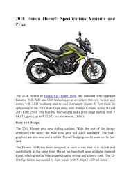But the abs version of this model still honda is the old. 2018 Honda Hornet Specifications Variants And Price By Tyrezones Issuu