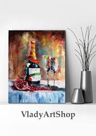 Bottle Of Wine Painting Wine Glass Impasto Wall Art Winery Art Etsy Painting Bottle Painting Wine Painting
