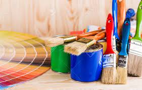 Painter And Decorator Work Table With House Project, Color Swatches, Painting Roller And Paint Brushes Stock Photo, Picture And Royalty Free Image. Image 74655126.