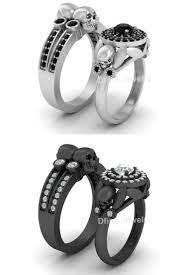 Onyx Skull Wedding Ring Set Petal Art Nouveau Skull Couple Rings Silver Skull Wedding Ring Skull Engagement Ring Wedding Rings