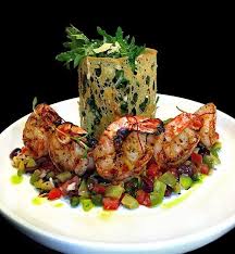 Grilled Spicy Shrimp Italian Salsa Tomato Olive Caper Pepperoncini Baby Kale Caesar Salad Shaved To Fine Dining Recipes Food Plating Food Presentation