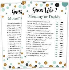 A baby trivia game combines cute baby facts with head scratching questions to give eyebrow lifting results. Amazon Com 25 Guess Who Mommy Or Daddy Fun Baby Shower Game Idea For Girl Or Boy Cute Gold Gender Neutral Party Funny Activity Questions At Gender Reveal Bundle Party Activities Supplies For