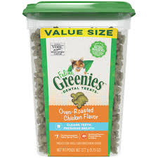 Feed dental treats and chews not only are treats a delicious reward for your pet, they can also be used to clean your cat's teeth. Feline Greenies Oven Roasted Chicken Flavor Adult Dental Cat Treats 9 75 Oz Petco