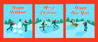 Aim to make around 50 to 100 and see how well they sell. Set Of Holiday Cards Lettering Happy Christmas Happy New Year Happy Holidays Children Go Sledding Skating Making A Snowman Vector Illustration 2142559 Vector Art At Vecteezy