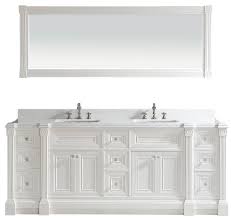 The bathroom vanity sink set comes with storage cabinet combinations that includes mirror door, mirror cabinet, side storage rack, and the main cabinet. 84 Inch White Finish Double Sink Bathroom Vanity Cabinet With Mirror