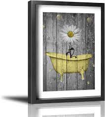 If you're looking to feature a bright, sunny and bold decor theme in your bathroom design, you may want to explore yellow bathroom decor ideas. Amazon Com Coolertaste Daisy Flower Bubbles Yellow Gray Bathroom Wall Decor Vintage Rustic Canvas Wall Art Prints Framed Pictures Artwork Ready To Hang 12 X 16 Posters Prints