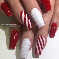Look out for our new (old) line up in 2019! Theglitternail Get Inspired On Instagram Red Candy Cane Pattern And White Glitter Dust On Coffin Christmas Nails Acrylic Red Nails Christmas Nails