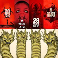 28 Days Later (2002) rotten tomatoes: 87% 🍅 28 Weeks Later (2007) rotten  tomatoes: 73% 🍅 28 Years Later (2025) rotten tomatoes: 90% 🍅 28 Years  Later: The Bone Temple (2026) rotten