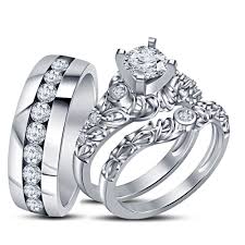 Simulated Diamond Trio Ring Set Engagement Ring 14k White Gold Finish 925 Silver Wedding Band Silver Wedding Bands Radiant Diamond Engagement Rings Band Engagement Ring