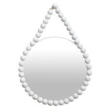 Strung Hardwood Balls White Painted Distressed Finish Round Beveled Mirror Available In 2 Sizes 26 Dia 32 Di White Mirror Beaded Mirror Unique Mirrors