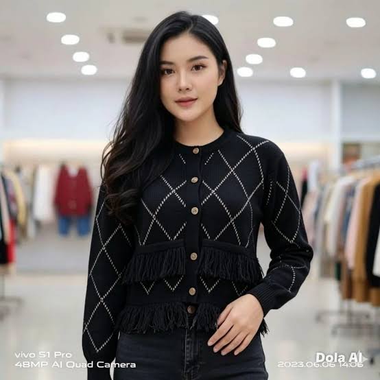 Atasan Rajut Wanita Korea Crop Cardigan dengan Detail Rawis Fringes
