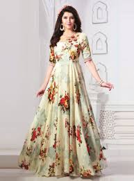 Cream Cotton Readymade Long Gown 139893 Long Dress Design Indian Gowns Dresses Long Gown Dress