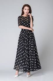 Black And White Polka Dot Maxi Dress Vintage Style Chiffon Long Swing Dress With Sleeve Summer Bohemian Pleated Fit And Flare Dress 1534 Polka Dot Maxi Dresses Summer Dresses Vintage Dresses