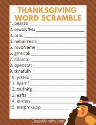 Use your own custom words. Free Printable Thanksgiving Word Scramble Classy Mommy