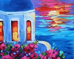 Oil Painting Original Santorini Greece Sunset Floral Gift Landscape On Canvas Greece Painting Diy Canvas Art Painting