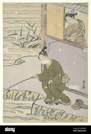 Artist: Suzuki Harunobu, Japanese, 1725–1770, Tickling the Angler,  Polychrome woodblock print, sheet: 11 × 7 34 in. (27.9 × 19.7 cm), Japan,  Japanese, Edo period (1615–1868), Works on Paper - Prints Stock Photo -  Alamy