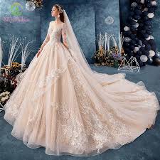 New arrivals most popular price: Ssyfashion New Luxury Champagne Wedding Dress High End Long Sleeve Lace Appliques Beading Long Train Ball Gown Vestido De Noiva Wedding Dresses Aliexpress
