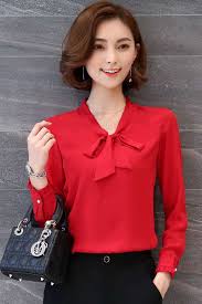 Red Butterfly Neck Tie Long Sleeve Pull Over Shirt Stylish Work Outfits Ladies Tops Fashion Girls Blouse