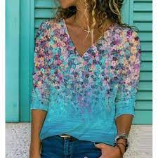 NWT - Panrila Womens Blue Multi-color Flower Wall Printed LS Top - Size M