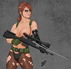 breasts brown hair clothes covering nipples facepaint female  female only gloves green eyes gun highleg highleg panties highres large  breasts learningasidraw looking away metal gear metal gear solid metal