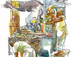 India Sketch Farmer S Market Under The Blue Tarps Fresh Vegetables And Fruit Bazaar A Watercolor Travel Sketch 8x10 Print Watercolor Sketch Custom Art Fine Art Prints