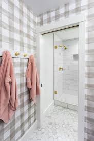 Our buffalo check wallpaper is available both in traditional and removable peel and stick wallpaper materials. Girls Bathroom With Gray Buffalo Check Wallpaper Cottage Bathroom