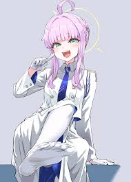 asanagi, kaya (blue archive), blue archive, commentary request, highres,  1girl, :d, ahoge, blue necktie, blunt bangs, braid, braided bun, collared  jacket, feet, gloves, green eyes, hair bun, halo, horizontal pupils,  jacket, leg